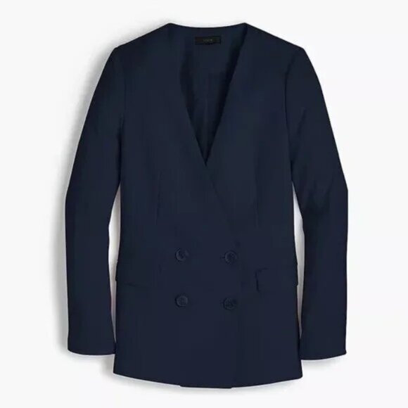 New J.Crew Collarless Double-Breasted Crepe Blazer Navy Blue 2 $298 - Picture 2 of 9